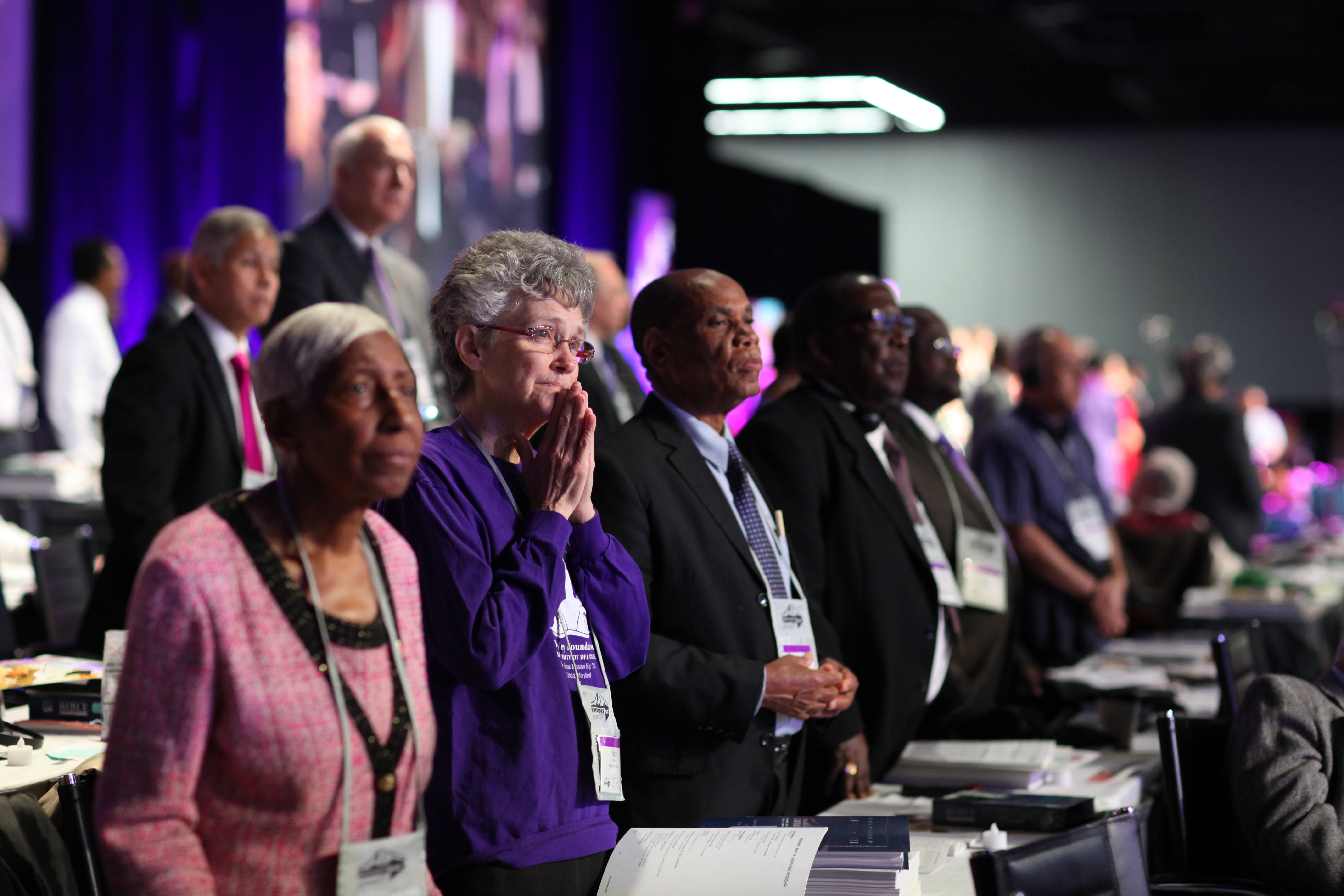 United Methodist bishops listen to morning worship from the stage of the 2016 United Methodist General Conference in Portland, Ore.  Photo by Kathleen Barry, UMNS