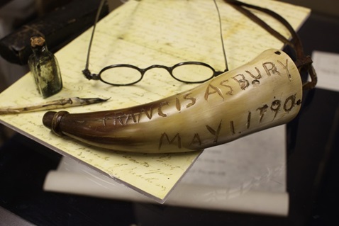 View of the original glasses and powder horn carried by the Rev. Francis Asbury, a sampling of thousands of historic items housed at the General Commission on Archives and History at Drew University in Madison, New Jersey. Note that the quill and ink bottle are original examples used in the time of Asbury but not attributed to being his own items.  Images courtesy of the General Commission on Archives and History of the United Methodist Church. A UMNS photo by Kathleen Barry, November 2010.