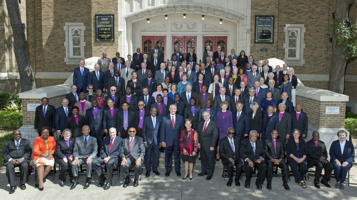 United Methodist bishops pose for a group photo in May 2017 on the steps of First United Methodist Church in Dallas, Texas. Photo by Maidstone Mulenga, Council of Bishops.