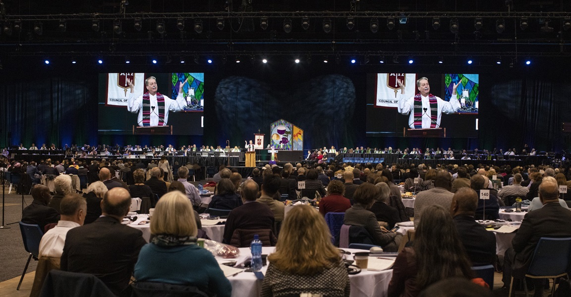 Bishop Kenneth H. Carter gives the sermon during opening worship for the 2019 United Methodist General Conference in St. Louis. Photo by Kathleen Barry, UMNS.