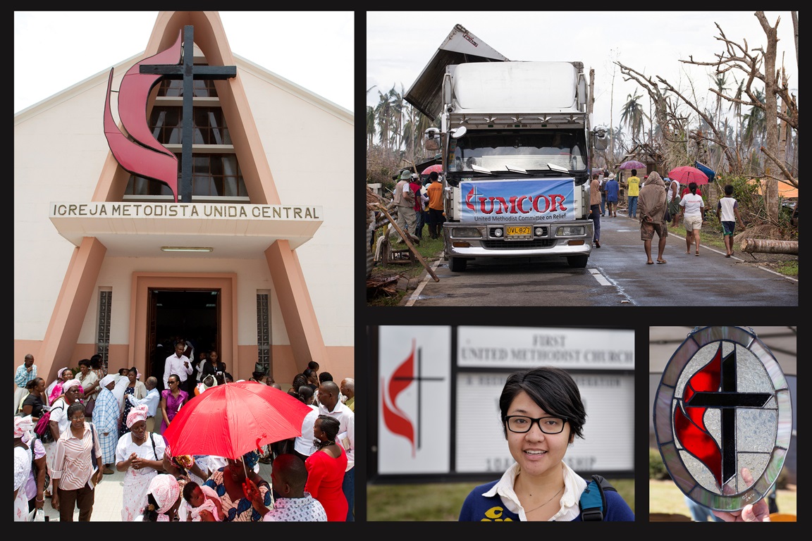 (Left to right) Central United Methodist Church in Luanda, Angola, photo by Mike DuBose; food distribution site for the United Methodist Committee on Relief, Dagami, Philippines, photo by Mike DuBose; the Rev. Shalom Agtarap, photo by Paul Jeffrey; stained glass cross and flame, photo by Kathleen Barry.