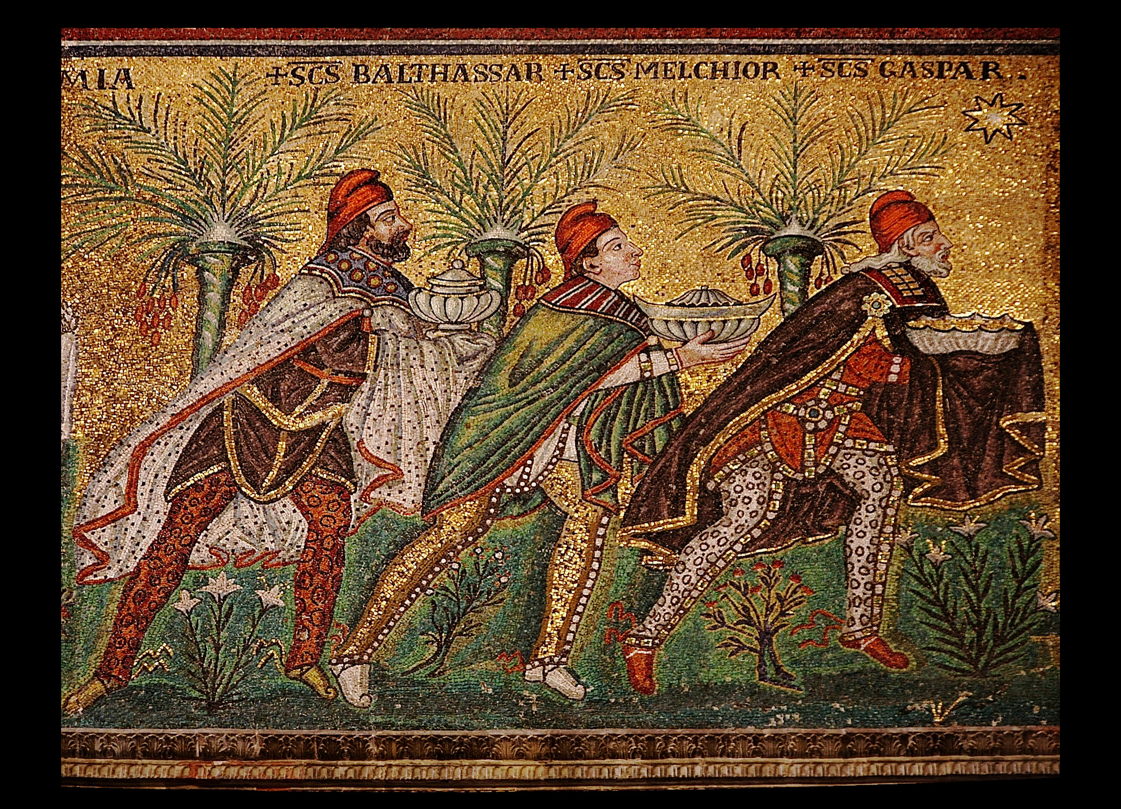 The magi follow the star in this sixth-century mosaic at the Basilica of Sant'Apollinare near Ravenna, Italy. Photo by Nina-no, courtesy Wikimedia Commons.