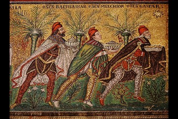 The magi follow the star in this sixth-century mosaic at the Basilica of Sant'Apollinare near Ravenna, Italy. Photo by Nina-no, courtesy Wikimedia Commons.