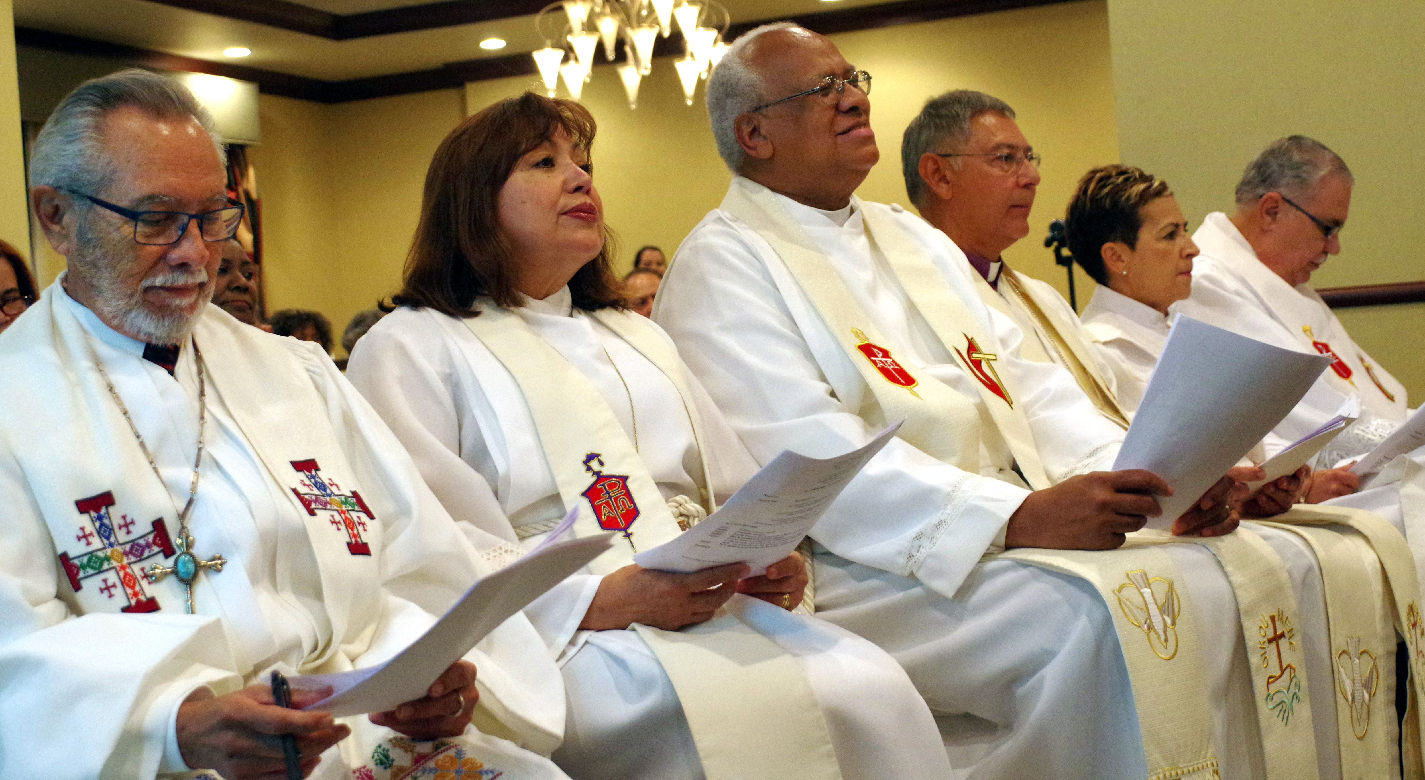 The Hispanic-Latino bishops of The United Methodist Church celebrated opening worship at the 2016 MARCHA Assembly in San Juan, Puerto Rico. Shown, from left: Bishop Elías Galván, Bishop Minerva Carcaño, Bishop Rafael Moreno Rivas, Bishop Juan Vera Mendez, Bishop Cynthia Fierro Harvey and Bishop Hector Ortiz. Photo by the Rev. Gustavo Vasquez, United Methodist Communications