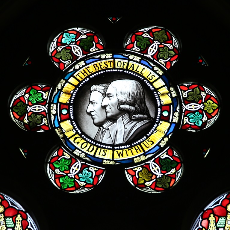 A stained-glass window featuring John and Charles Wesley is found at the Wesley Memorial Methodist Church in Epworth, England. Photo by Kathleen Barry, United Methodist Communications