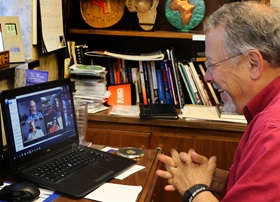 Gilbert C. Hanke, top executive of United Methodist Men, uses computer technology to connect to a weekly covenant discipleship group. Photo by Kathleen Barry, United Methodist Communications.