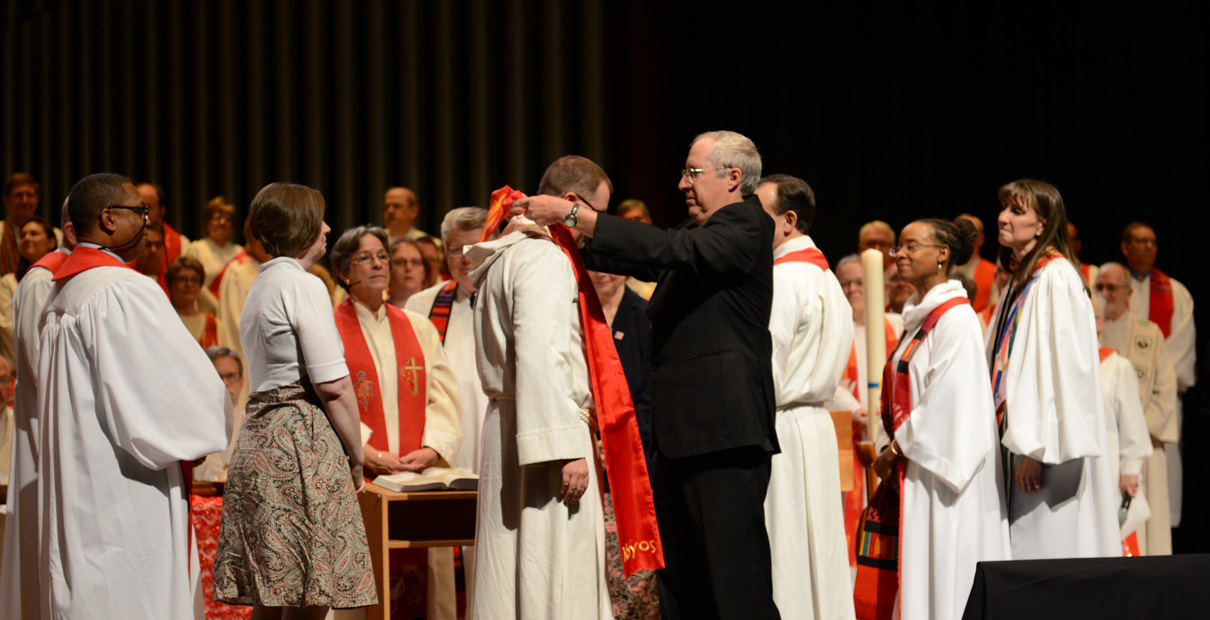 The Rev. Jon Van Dop received an elder stole from a mentor during an ordination service. Photo courtesy of the Rev. Jon Van Dop.