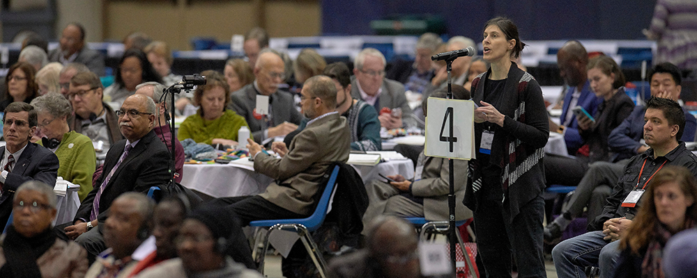 Delegate Jill Wondel of Missouri speaks on February 25, 2019, during the Special Session of the General Conference of The United Methodist Church, held in St. Louis, Missouri.