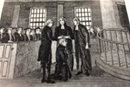An artist's depiction of Francis Asbury's ordination at the Christmas Conference of 1784 at Lovely Lane Chapel in Maryland.
