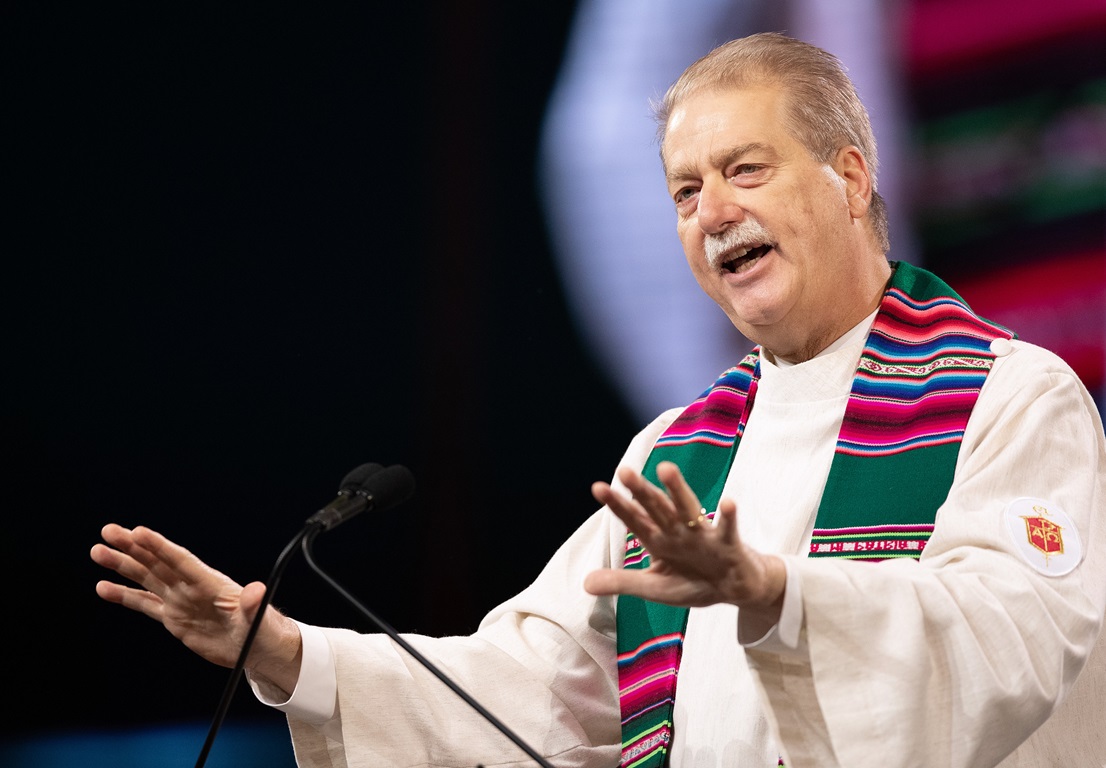 Bishop Kenneth H. Carter gives the sermon during opening worship for the 2019 United Methodist General Conference in St. Louis.