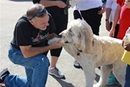 El reverendo Mark Vowell saluda a un perro en una bendición de mascotas. Foto cortesía de First Frisco (TX) Iglesia Metodista Unida