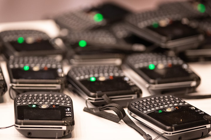 Spare voting machines rest on a table at the 2019 United Methodist General Conference in St. Louis. Photo by Mike DuBose, UM News.