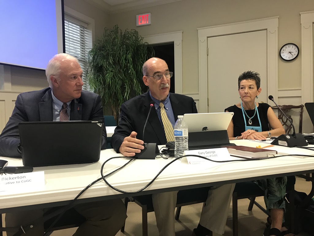 The Commission on the General Conference met August 7-9, 2019 in Lexington, Ky. Pictured are Bishop Thomas Bickerton, the Rev. Gary George, Commission secretary, and Kim Simpson, Commission chair.