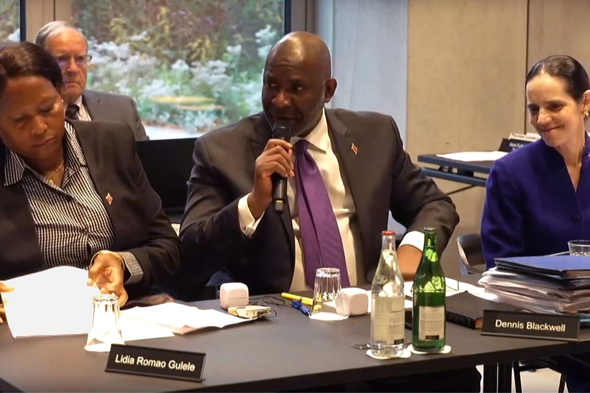 Judicial Council members ask questions during an oral hearing on Oct. 23 in Zurich. From left are members Lídia Romão Gulele, the Rev. Dennis Blackwell and Beth Capen. Screengrab from oral hearings video. 