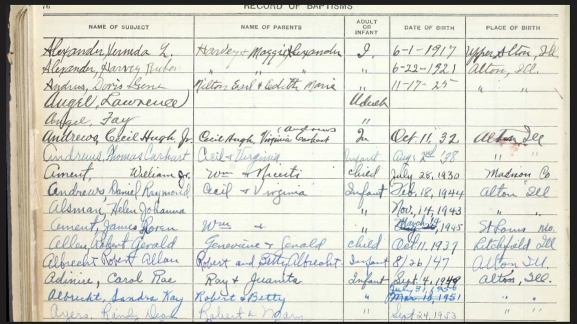 Detail from a Record of Baptisms from the Illinois Methodist Church Records, courtesy of accessgenealogy.com.