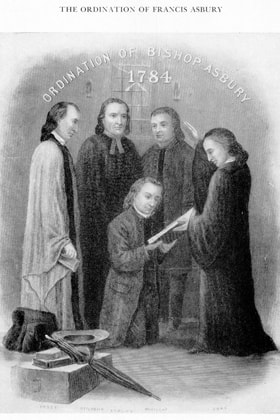 Philip William Otterbein (2nd from left) participated in the ordination of Francis Asbury. Image courtesy United Methodist Archives and History.