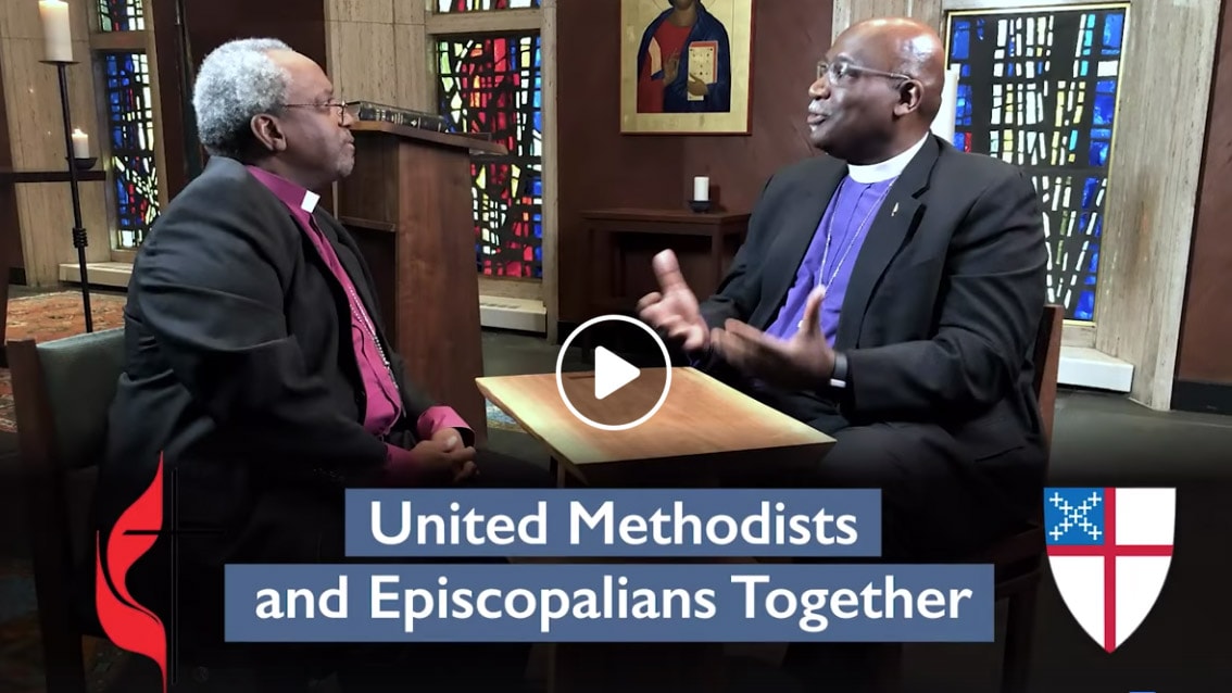 Bishop Gregory Palmer (co-chair of the dialogue committee) and Presiding Bishop of the Episcopal Church Michael Curry discuss full communion between the two denominations. Image courtesy of the Council of Bishops of The United Methodist Church.