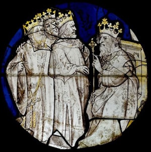 The three wise men appear before King Herod in this stained-glass window by an anonymous artist. Despite their crowns, the magi were not kings in the Bible. A web-only public domain image.