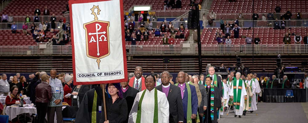 Bishops process into worship on February 24, 2019, at the Special Session of the General Conference of The United Methodist Church, held in St. Louis, Missouri.