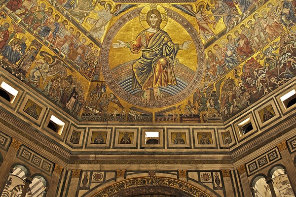 Detail of the Baptistery of St. John, Florence, Italy, showing vaults and mosaics, including "Christ in Majesty" above the hand altar, 13th and 14th centuries. Photo by Jebulon, courtesy of Wikimedia Commons.