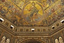 Detail of the Baptistery of St. John, Florence, Italy, showing vaults and mosaics, including "Christ in Majesty" above the hand altar, 13th and 14th centuries. Photo by Jebulon, courtesy of Wikimedia Commons.​