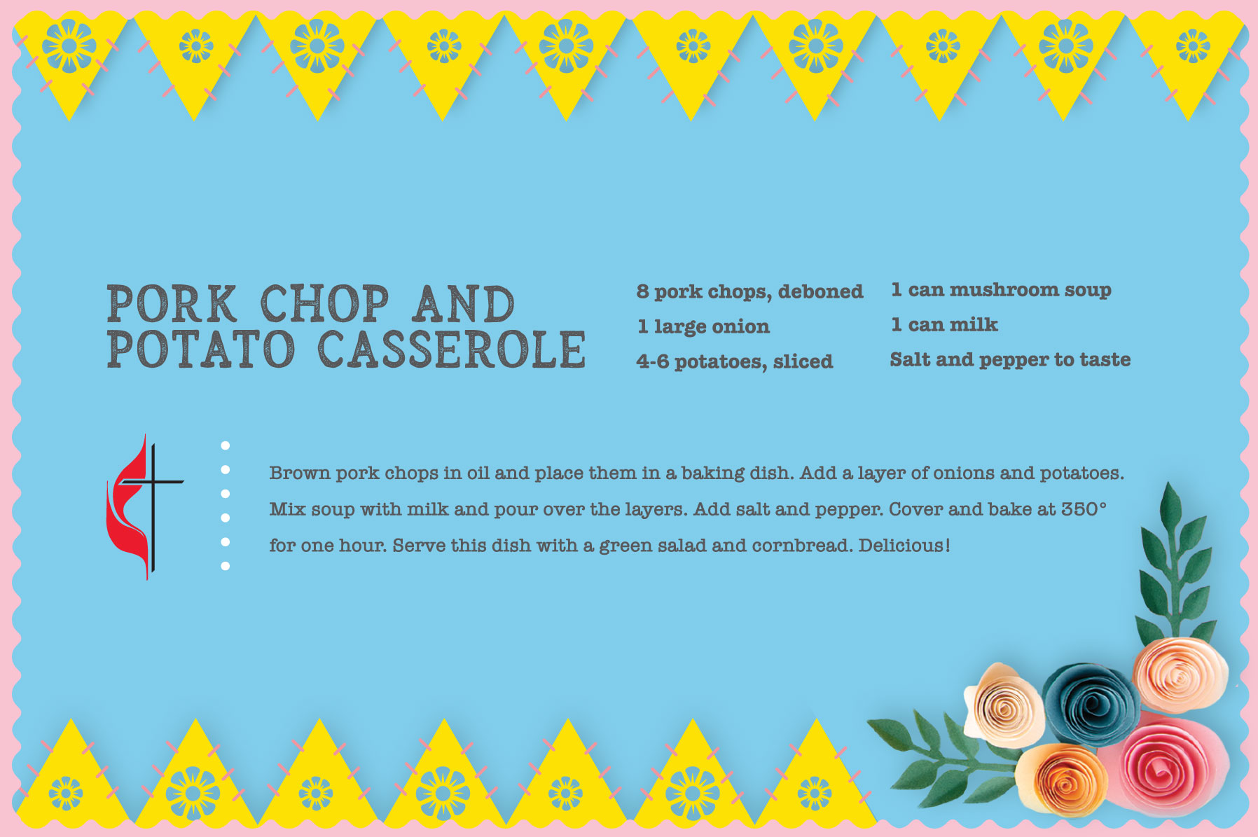 Pork chop and potato recipe for Easter. Design by Sara Schork for United Methodist Communications