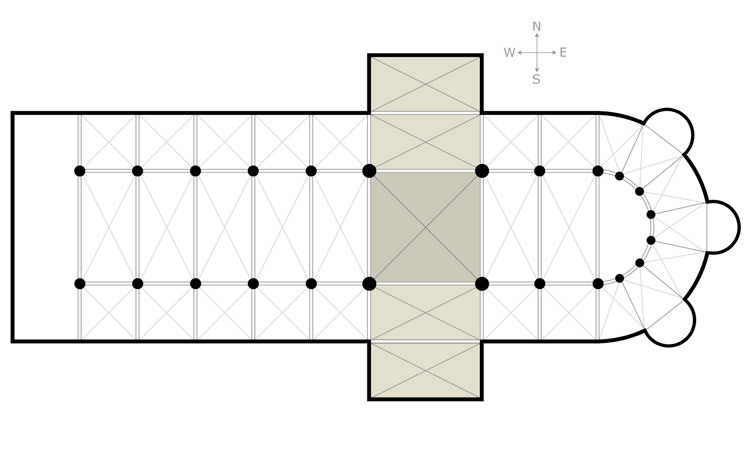 A transept (with two semi-transepts) is a transverse part of any building, which lies across the main body of the edifice. In churches, a transept is an area set crosswise to the nave in a cruciform ("cross-shaped") building within the Romanesque and Gothic Christian church architectural traditions. Definition courtesy of Wikipedia Commons; diagram by Lusitana, courtesy of Wikimedia Commons. 