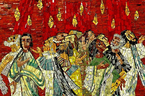 오순절 모자이크는 사도들의 머리 위에 임한 성령의 불을 형상화한다. 이미지, 홀거 슈에, 픽사베이.