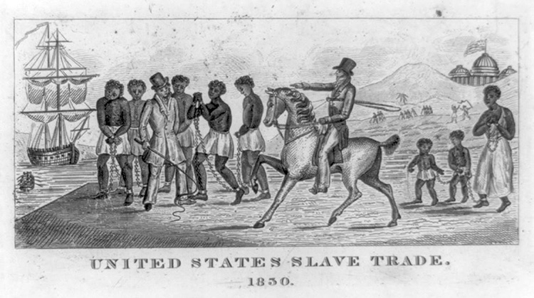 An engraving from 1830 depicts the slave trade in the United States. The U.S. Capitol is visible in the background. Engraving from the Library of Congress.