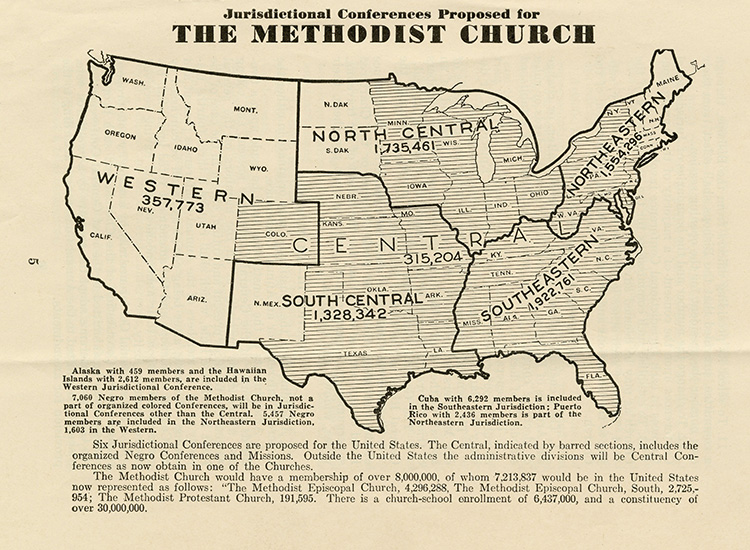 A 1939 map illustrates the proposed jurisdictional conferences for the Methodist Church. Map courtesy of Pitts Theology Library, Emory University.