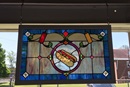 Hot dog stained glass window at Carraway United Methodist Church in Greensboro, NC