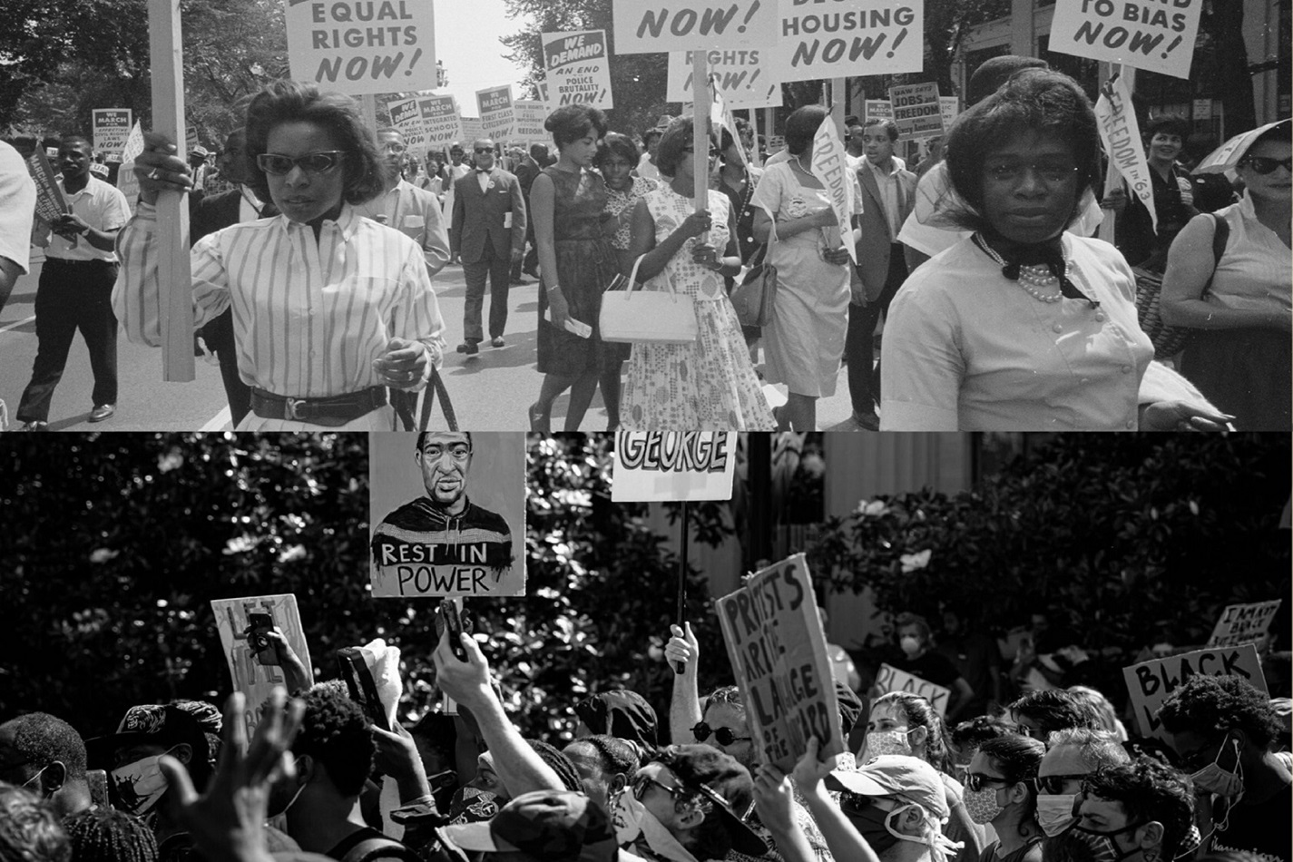 Justice raciale: hier et aujourd’hui. (Haut) Marche sur Washington pour l’emploi et la liberté à Washington, D.C., le 28 août 1963; photo de la Bibliothèque du Congrès. (En bas) « Je vais respirer », en mars le 4 juin 2020 à Nashville, au Tennessee; photo par Chanitra Dreher Photography. Illustration photo par Crystal Caviness, United Methodist Communications.