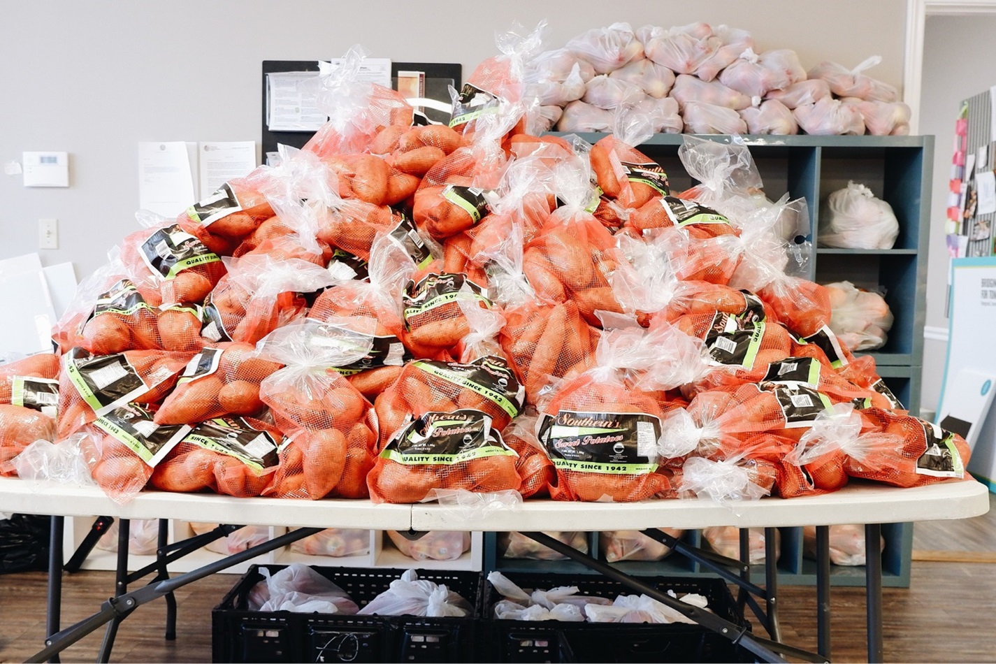 A pallet of sweet potatoes is ready for distribution at BFT. Photo courtesy of Hannah Connor, BFT.