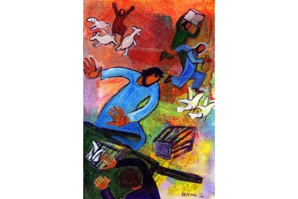 Jesus in the temple by artist Bernadette Lopez. Permission to use image granted by artist 2021 www.BernaLopez.org, www.evangile-et-peinture.org