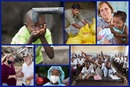 (clockwise from top left) Water project in Liberia; relief supplies in Philippines; doctor and patient in Brazil; primary school in Democratic Republic of Congo; dental student in US; disaster response in US; photos by Mike DuBose, UM News.
