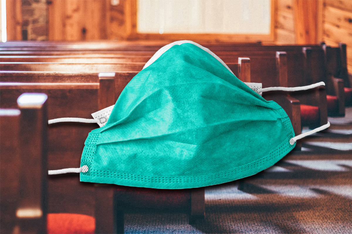 New mask recommendations from the U.S. Centers for Disease Control and Prevention and the rise in the delta variant of the coronavirus affect churches' decisions on in-person worship and safety protocols. Pews image by Andrew Seaman, courtesy of Unsplash; mask image courtesy of Pixabay; graphic by Laurens Glass, UM News.