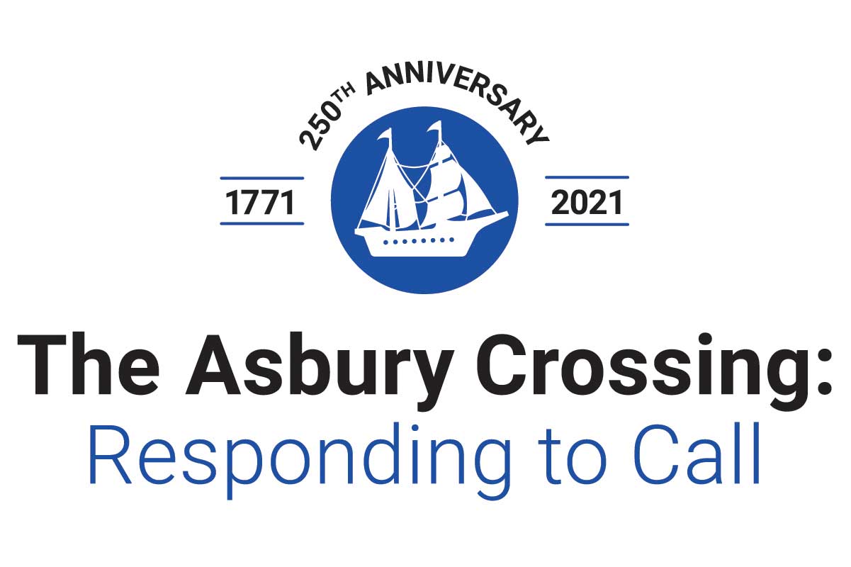 The Asbury Crossing: Responding to Call commemorates the 250th anniversary of Francis Asbury's journey from England to America. Logo by United Methodist Communications.