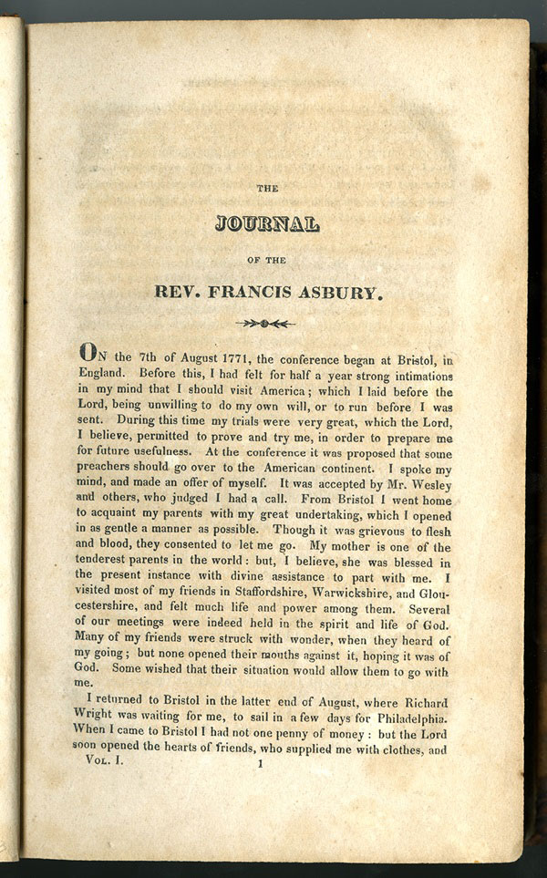 Francis Asbury’s published journal begins with his telling of how in August 1771, he was selected to go to America. Image from 1821 version at Bridwell Library, Perkins School of Theology at Southern Methodist University (https://www.smu.edu/Bridwell/SpecialCollectionsandArchives/Exhibitions/Asbury/Journal).