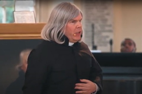 Dramatist Peyton Dixon reenacts Bishop Asbury's arrival at Historic St. George's United Methodist Church in Philadelphia, Pennsylvania, during a celebration of the 250th anniversary of Asbury's journey. Still of video by The United Methodist Church. 