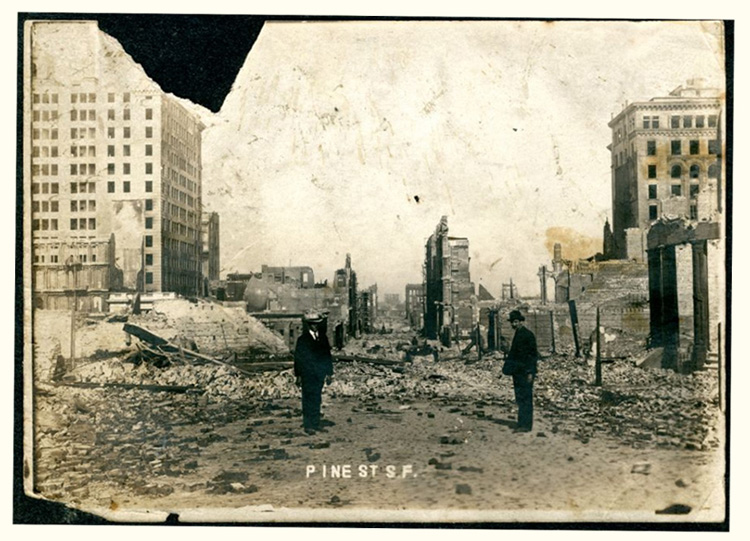 A view of Pine Street in San Francisco, Calif., after fires destroyed 80 percent of the city following the 1906 earthquake — one of the deadliest in U.S. history. Pine Street Japanese Methodist Episcopal Church, located at 1359 Pine Street, housed the Anglo-Japanese School. Native Japanese Christians in San Francisco, at the risk of life, entered the church and removed some of the most valuable records before fire destroyed the building. Image courtesy of the King Library Digital Collections of San José State University.