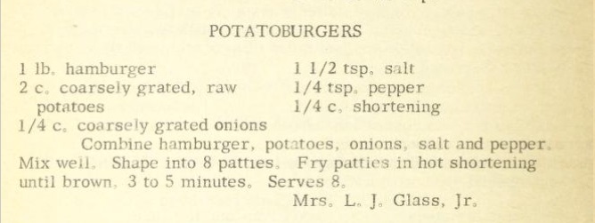 Potato Burgers recipe card from the 1958 Epworth Favorites cookbook