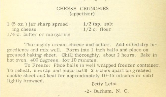 Cheese Crunchies recipe card from the 1958 Epworth Favorites cookbook