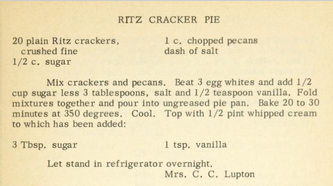 Recipe card for Ritz Cracker Pie from the 1958 Epworth Favorites cookbook