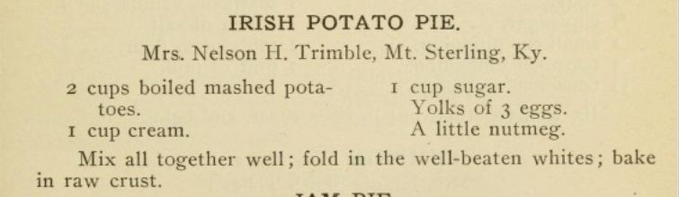 Recipe card for Irish Potato Pie from the 1914 Hamilton Cook Book