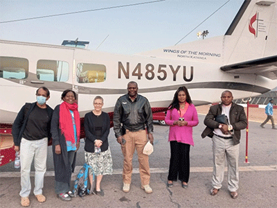 Global Health staff visited health facilities and staff in the DRC in August, shown here about to board the Wings of the Morning fight to begin their supervisory visit in the North Katanga region. From Left to right, Megh Jagriti, Global Health; Rev. Betty Kazadi Musau, North Katanga Communicator; Kathy Griffith, Global Health; Gaston Ntambo, missionary pilot; Lorry Mpindu, Global Health; and Dr. Alexis Ngoy Kasole Maloba, North Katanga UMC Health Board Coordinator. Photo: Courtesy of North Katanga UMC Health Board.