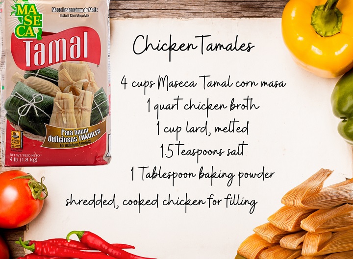 Recipe card for tamales cooking segment with Bilha Alegria