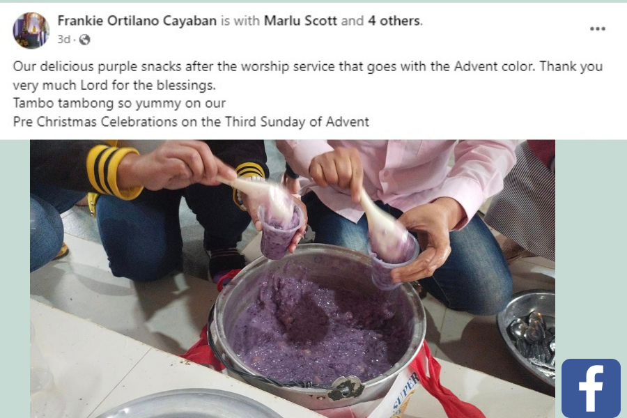 Facebook post shared by Macdu UMC in the Philippines showing celebrating Advent with ube
