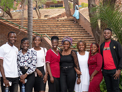 A group of Africa University scholarship recipients met to talk to donors and sponsors from the U.S. during the 30th anniversary celebration of Africa University in October. The school provides financial aid or scholarships for two-thirds of the students enrolled at the United Methodist-related university in Mutare, Zimbabwe. Photo by Kathy L. Gilbert, UM News.