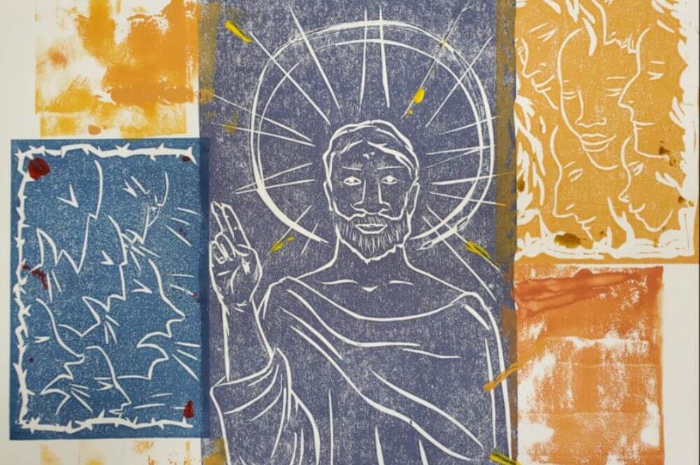 “El Sanedrín enjuicia a Jesús”, grabado en madera creado por Dreama Lovitt para el Paseo de Semana Santa, en la Iglesia Metodista Unida West Market Street. Foto cortesía de la IMU West Market Street.