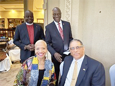 Board Chair Bishop Muyombo, ACV and President of AU Tennessee Inc. Mrs. Salley, East Ohio Conference Bishop Tracey Smith Malone and US Ambassador to Tanzania H.E. Battle pose for a picture during the Vice Chancellor’s Dinner